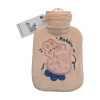 Plush rabbit hot water bag with loop handle, light beige, embroidered rabbit design