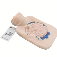 Plush rabbit hot water bag, light beige, side view with stitched rabbit face