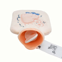 Plush rabbit hot water bag opening with white cap, light beige rabbit embroidery