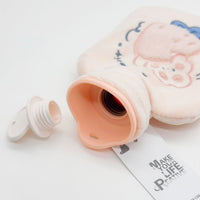 Plush rabbit hot water bag, light beige with embroidered rabbit and blue details