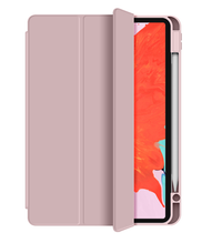 Tablet case with stand and pencil holder, blush pink open cover showing tablet screen