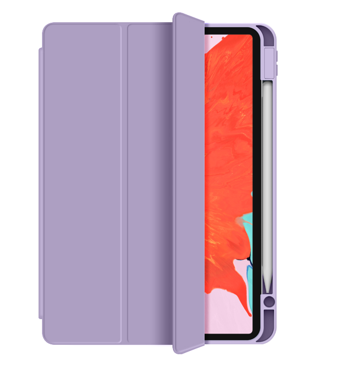Tablet case with stand and pencil holder, lavender open cover showing tablet screen