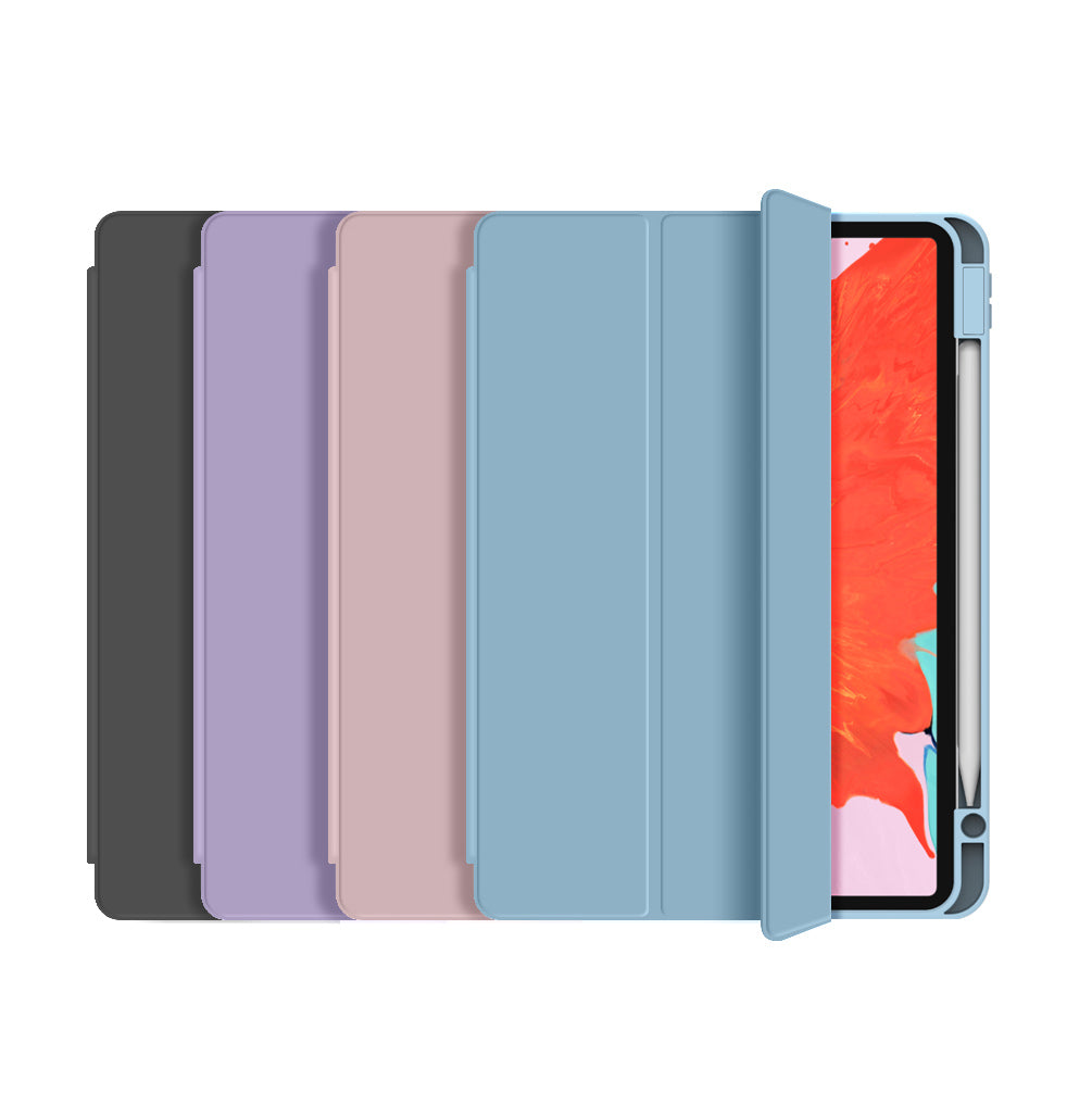 Tablet case with stand and pencil holder, blue cover with tablet screen visible
