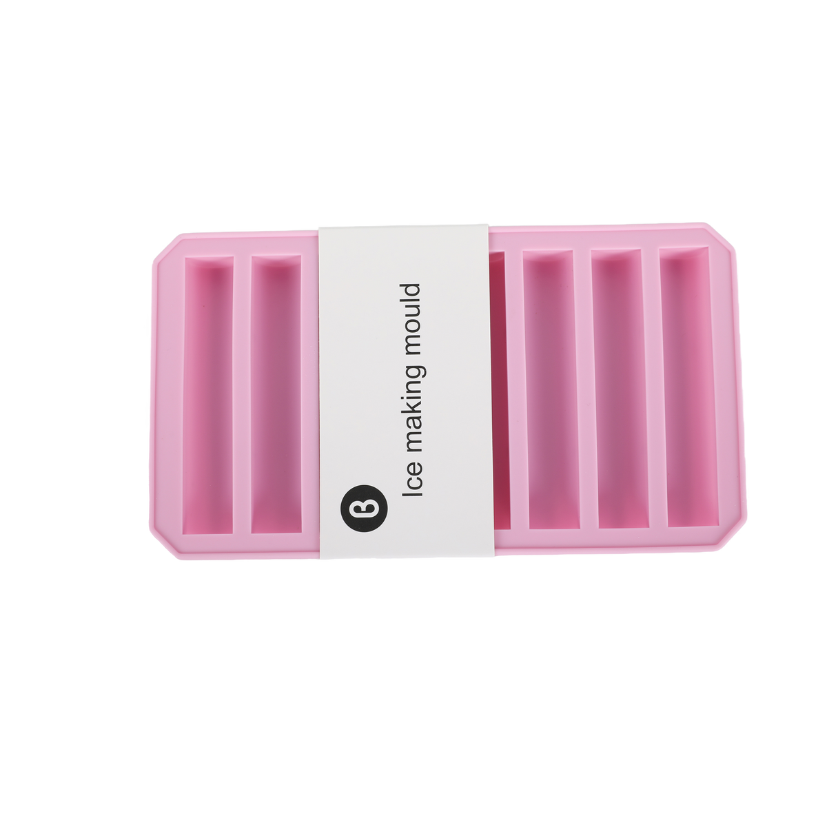 Pink silicone ice cube mold tray with central “ice making mould” label strip
