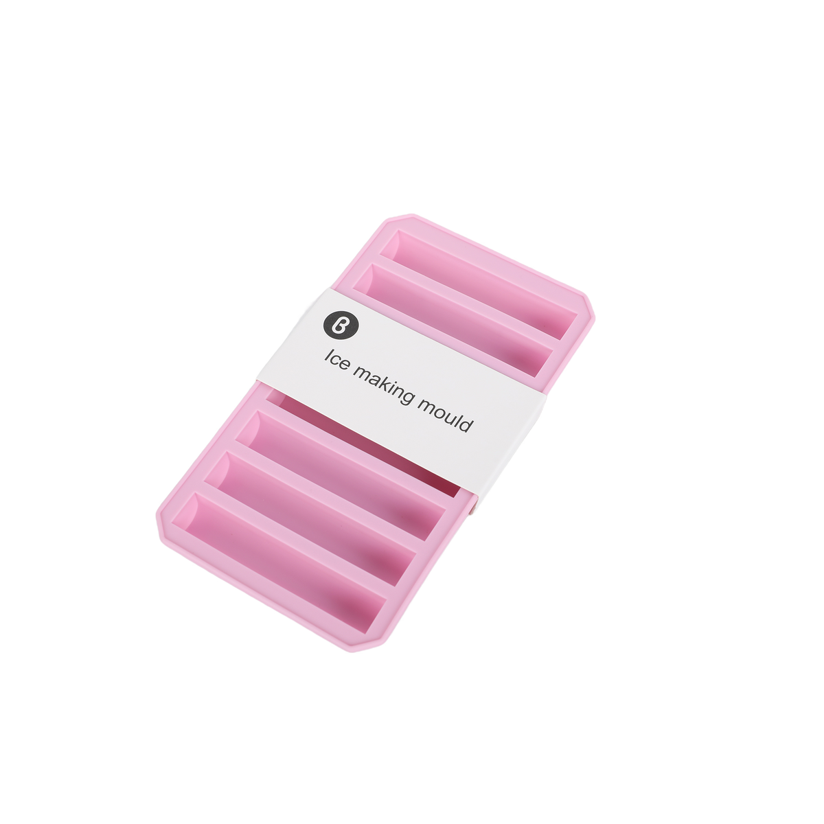 Silicone ice cube tray showing “ice making mould” label and pink molds
