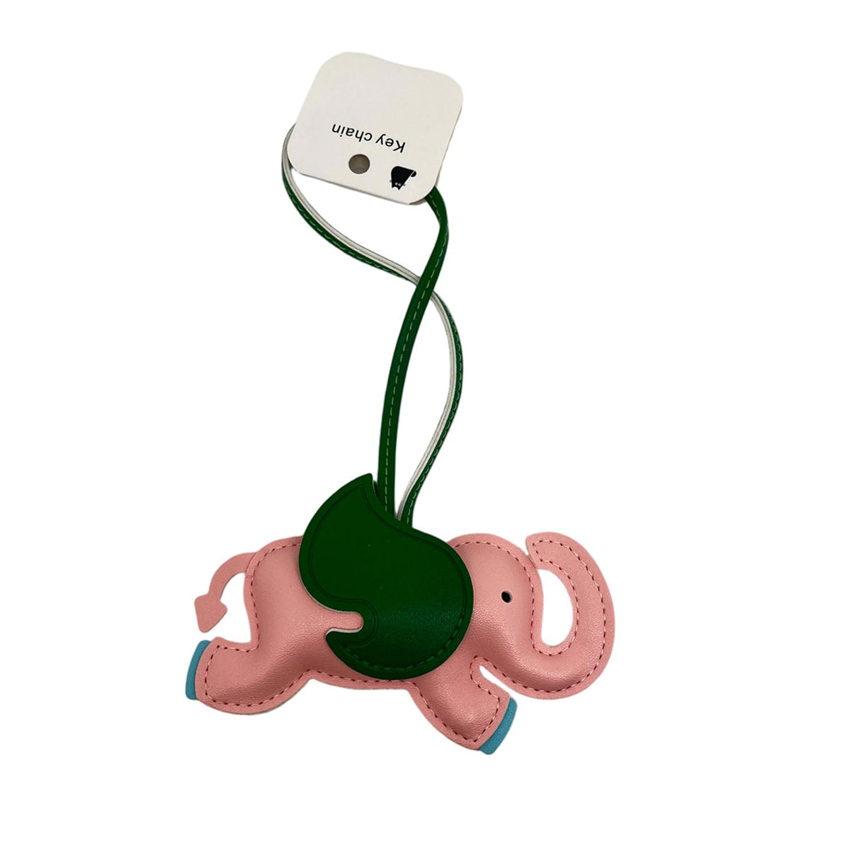 Elephant key chain with pink body, dark green trunk, and green cord loop