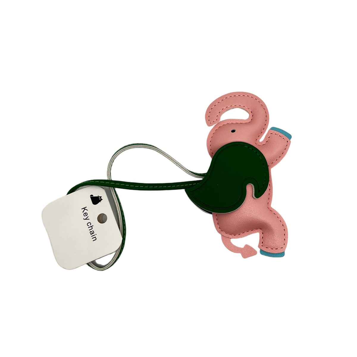 Elephant key chain with dark green face and pink outline, plus metal key ring
