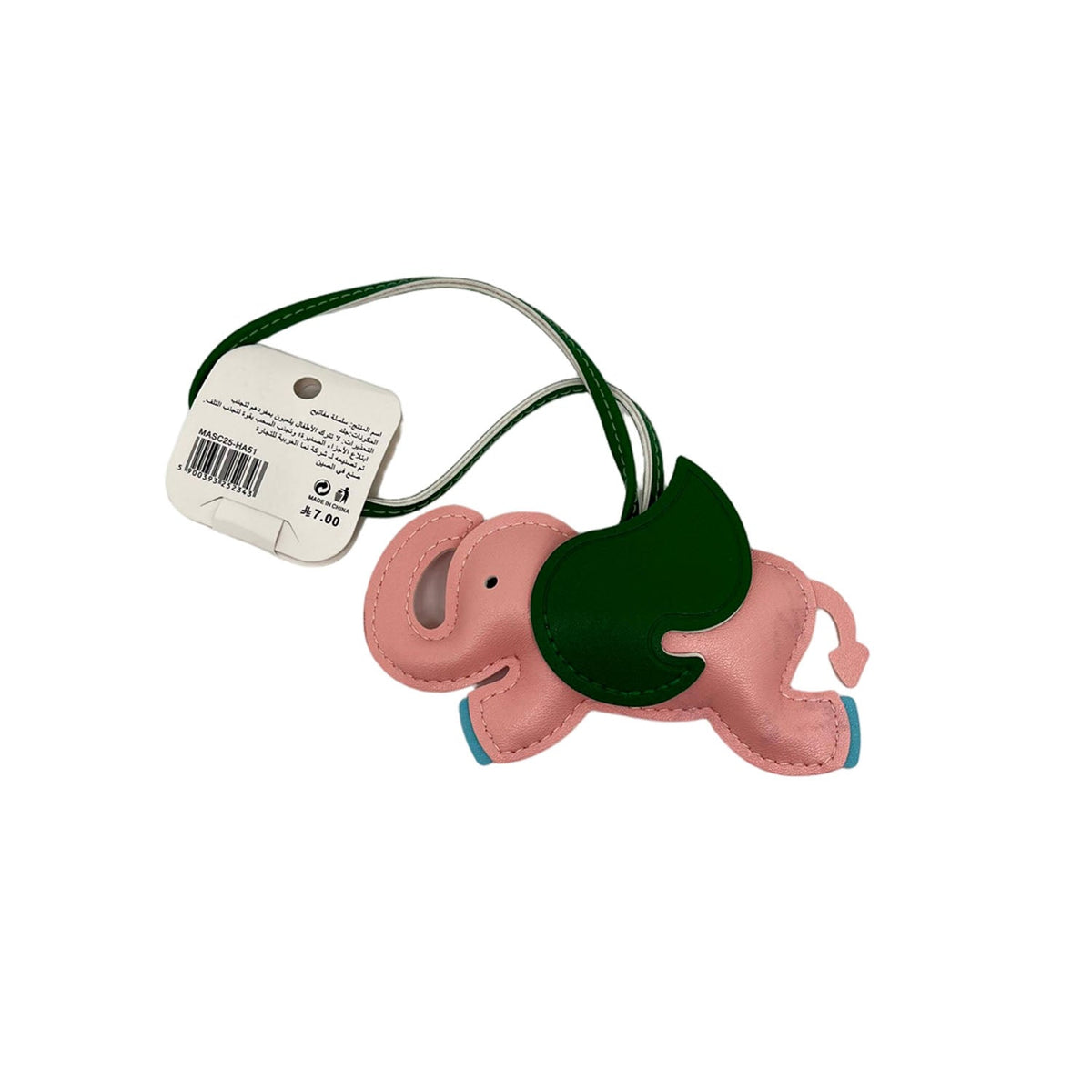 Elephant key chain with pink and dark green details, white label tag attached