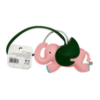 Elephant key chain with pink ears, dark green face, and green cord with tag