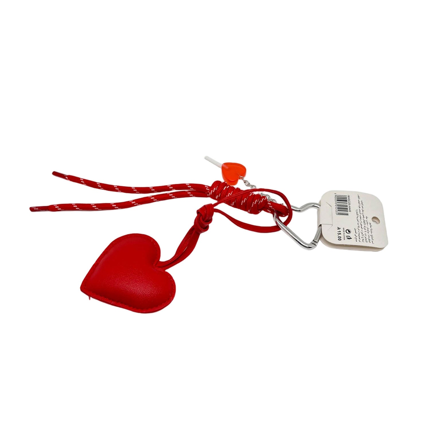 Red heart key chain with metal clasp, braided cord, and small red heart charm