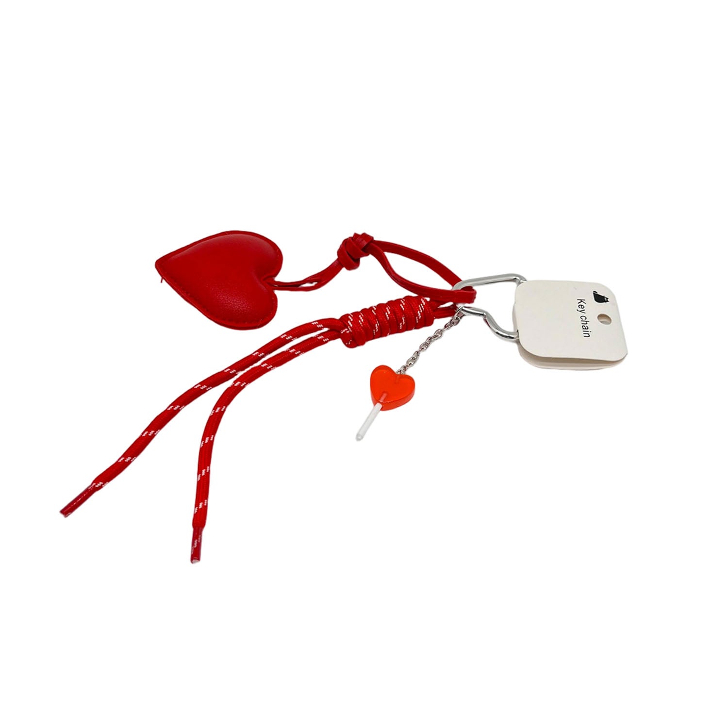 Red heart key chain with heart charm, braided cords, and square metal tag