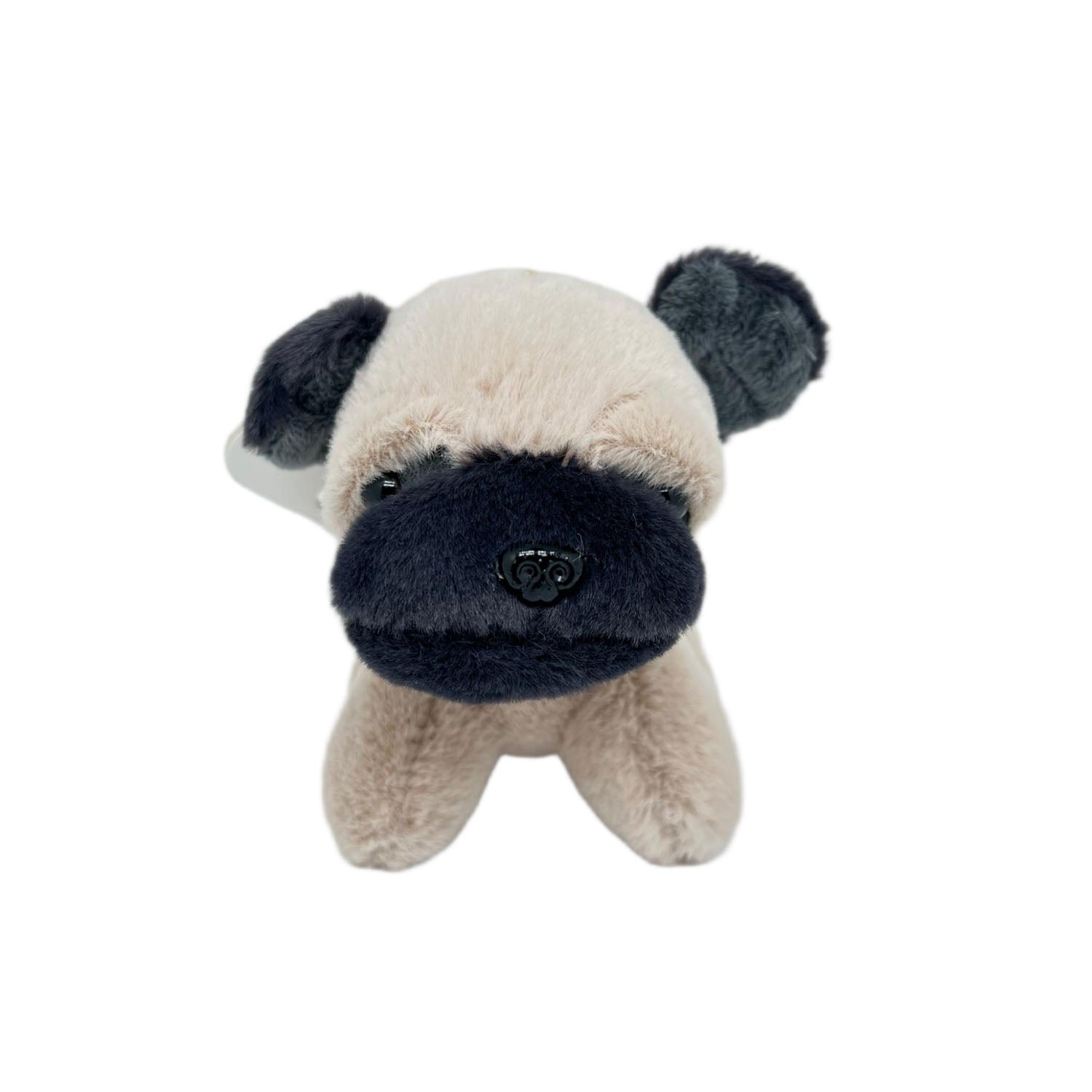 Plush dog keychain with tan body, dark ears, and star-pattern collar