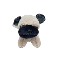 Plush dog keychain with tan body, dark ears, and star-pattern collar