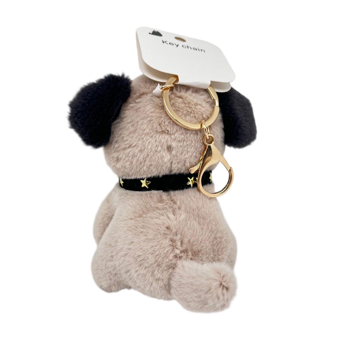 Plush dog keychain with star collar, tan fur, gold keyring, and hanging tag