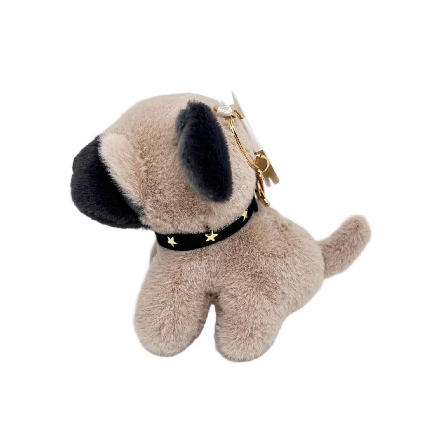 Plush dog keychain with tan fur, navy ear patch, star collar, and gold clip