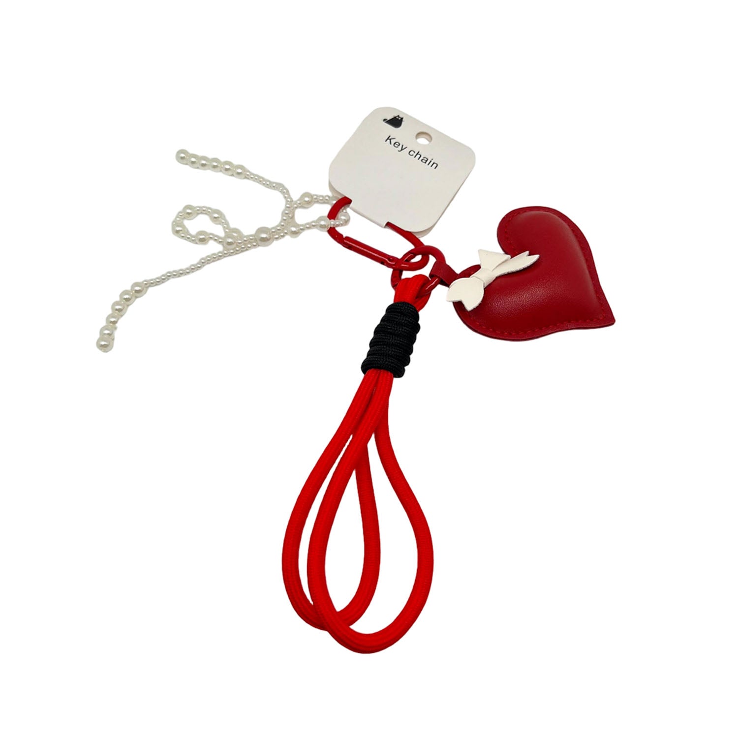 Heart key chain with red leather heart charm and long red cord loops
