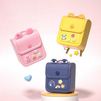 Silicone kids backpack in pink, yellow, and navy with front flap pocket and straps