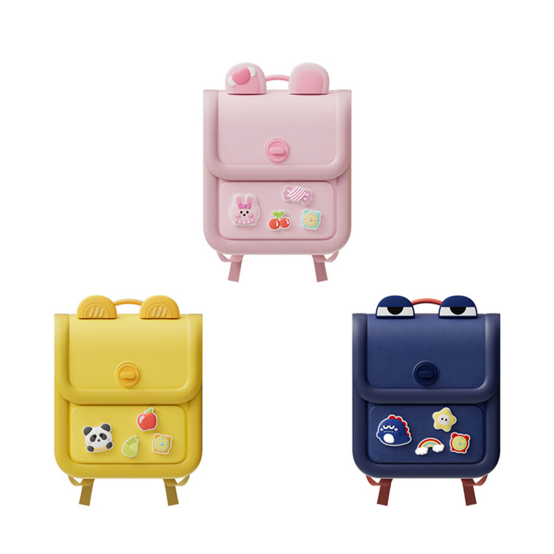 Silicone kids backpack set of three colors with front flap pocket and cartoon patches