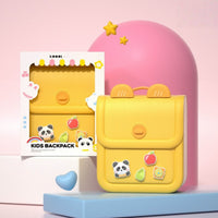 Yellow silicone kids backpack with front flap pocket, panda and fruit charm patches