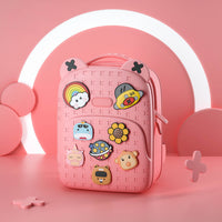 Pink silicone backpack with red zipper, cartoon animal badges and front pocket