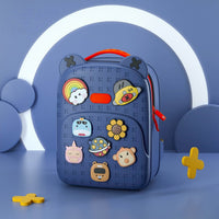 Blue silicone backpack with red zipper, cartoon animal badges and front pocket