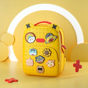 Yellow silicone backpack with red zipper, cartoon animal badges and front pocket
