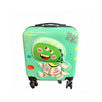 18-inch children's suitcase with green dinosaur graphic and spinner wheels