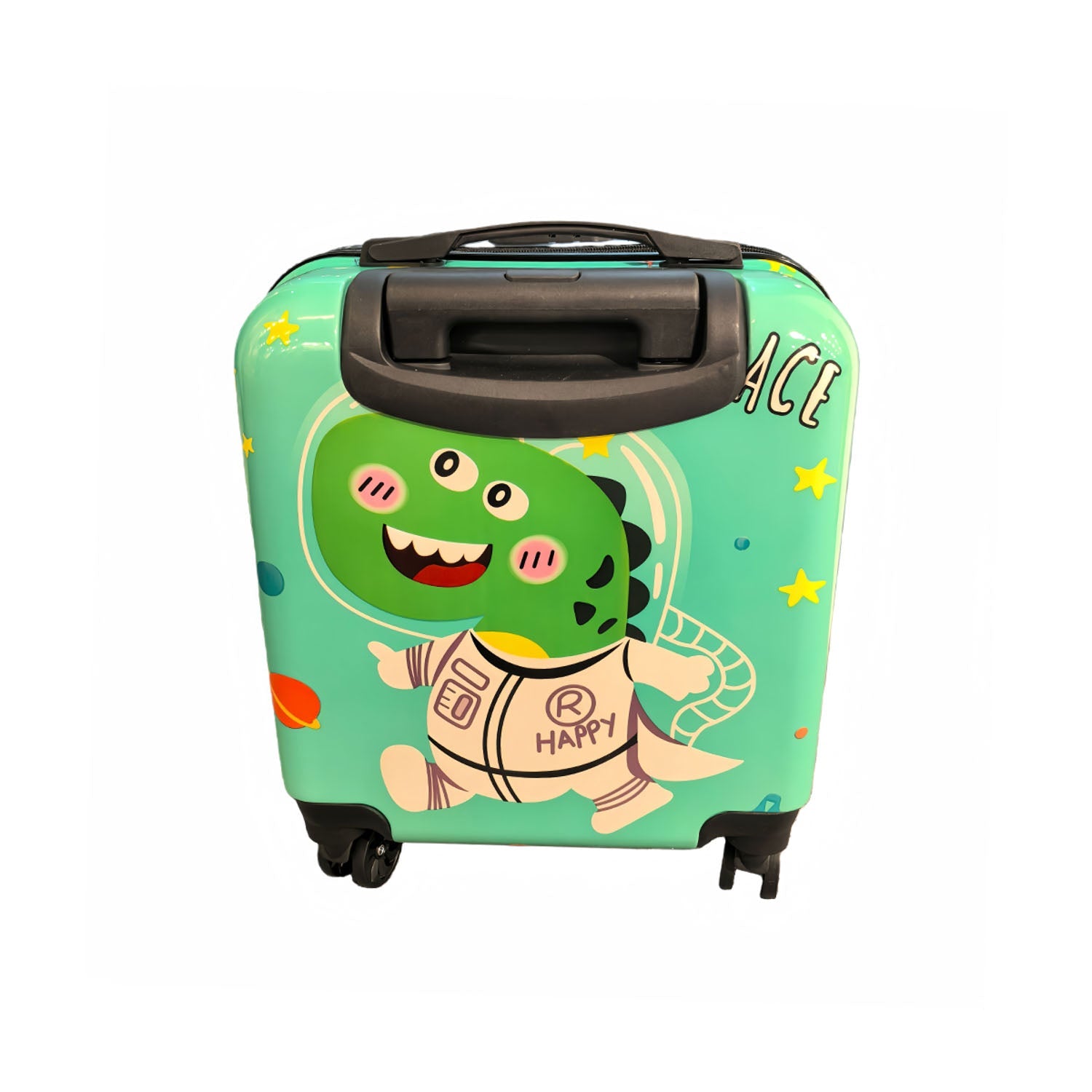 18-inch children's suitcase with green dinosaur design, top handle and four wheels