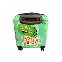 18-inch children's suitcase with green dinosaur design, top handle and four wheels
