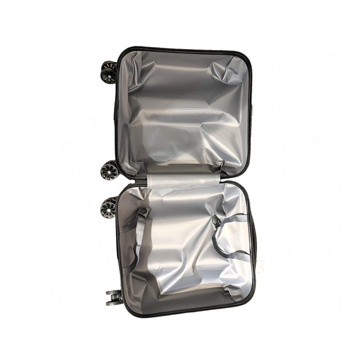 18-inch children's suitcase open showing silver-gray lining and compartments