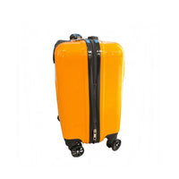 18-inch children's luggage, orange side view with zipper seam and four rolling wheels