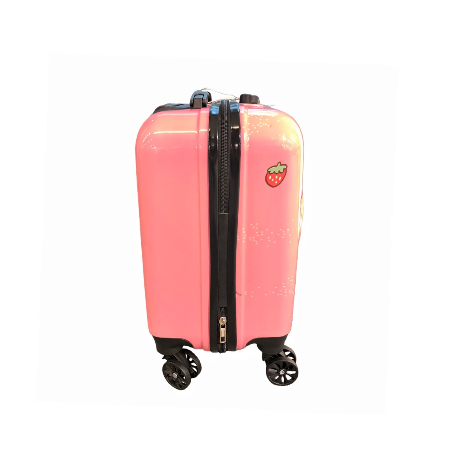 Children's 18-inch pink hard-shell suitcase side with zipper seam and strawberry sticker