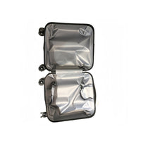Children's 18-inch suitcase interior, open gray lining with two compartments and spinner wheels