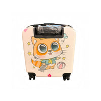 Children's cartoon luggage with cat graphic and partially open top compartment