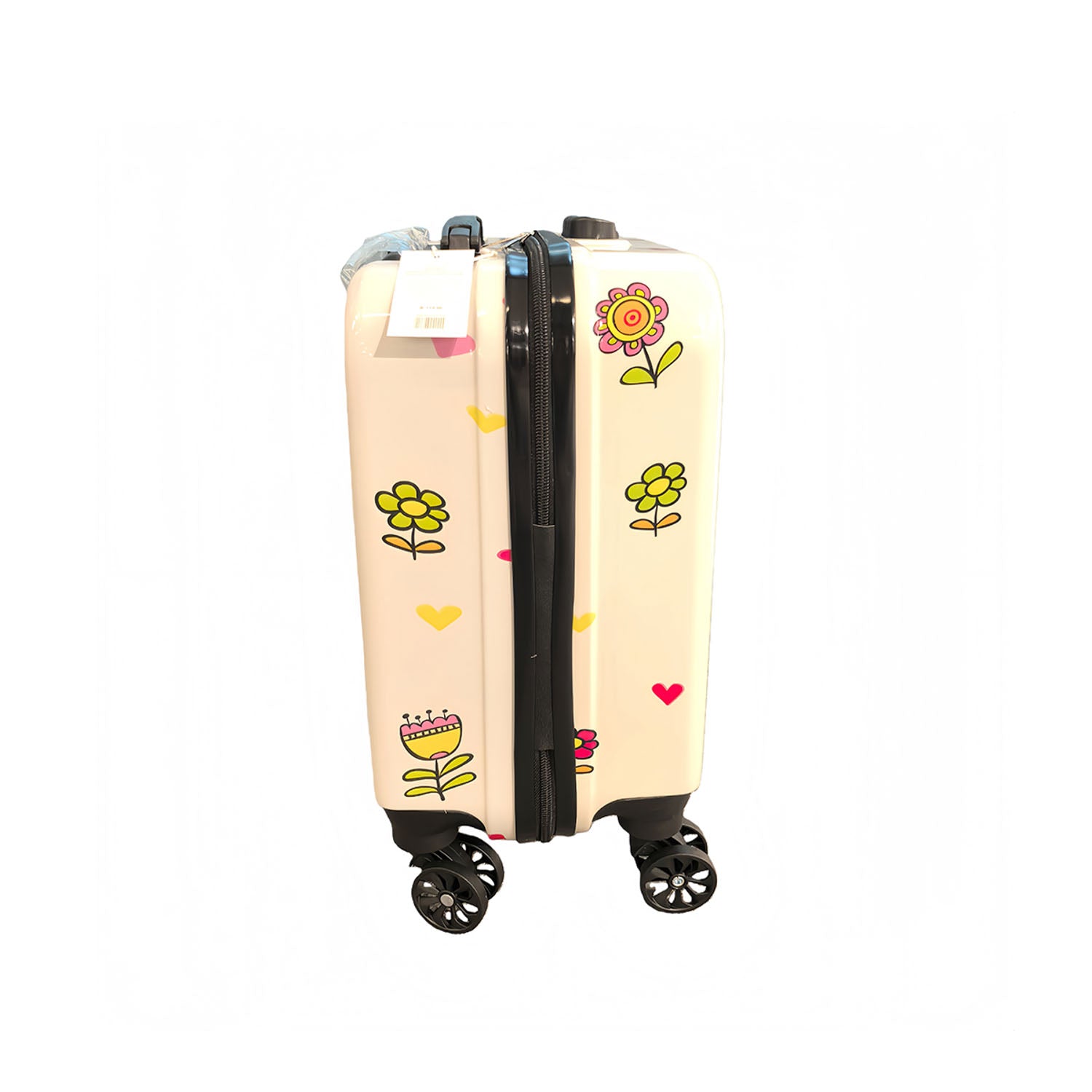 Children's cartoon luggage side panel with colorful flowers and hearts, beige shell