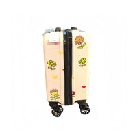 Children's cartoon luggage side panel with colorful flowers and hearts, beige shell