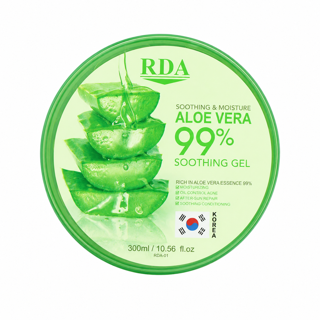 Aloe vera soothing gel jar, green round container with RDA 99% label, 300ml
