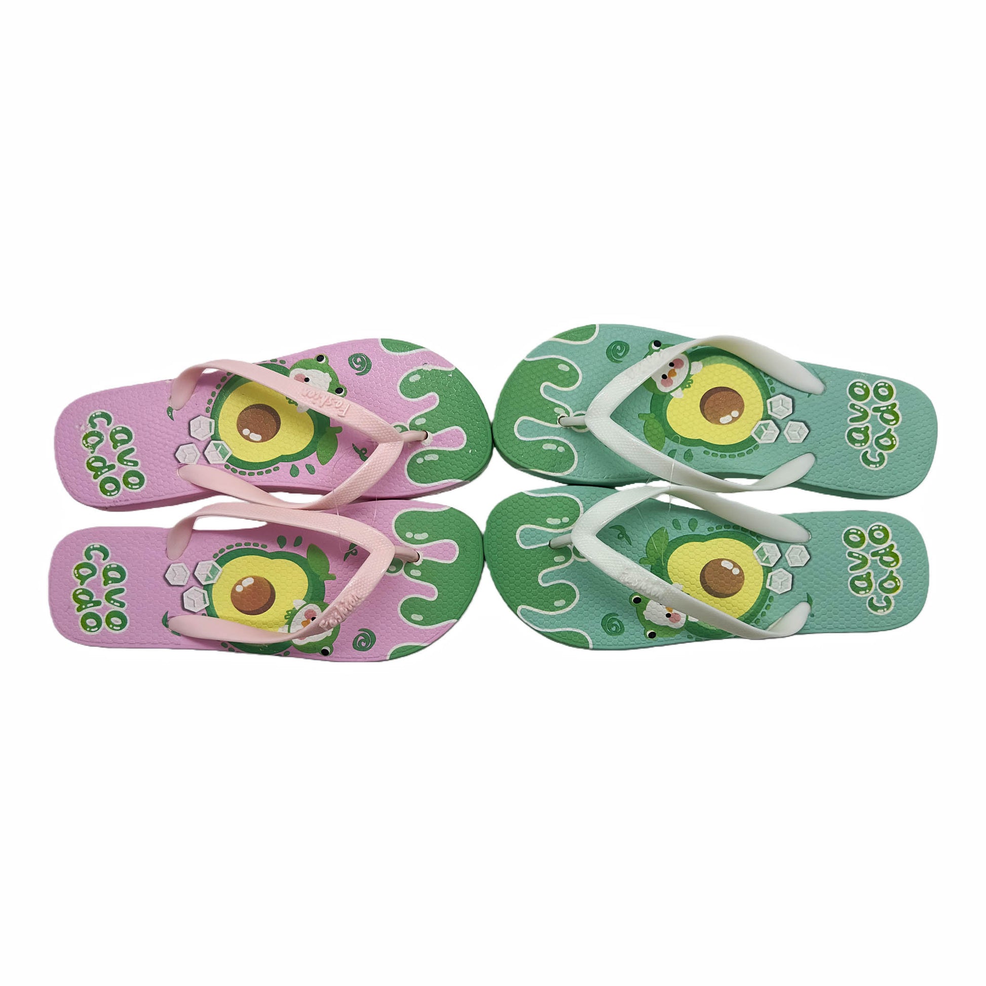 Set of pink and green ladies flip-flops with avocado print and white straps