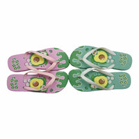 Set of pink and green ladies flip-flops with avocado print and white straps