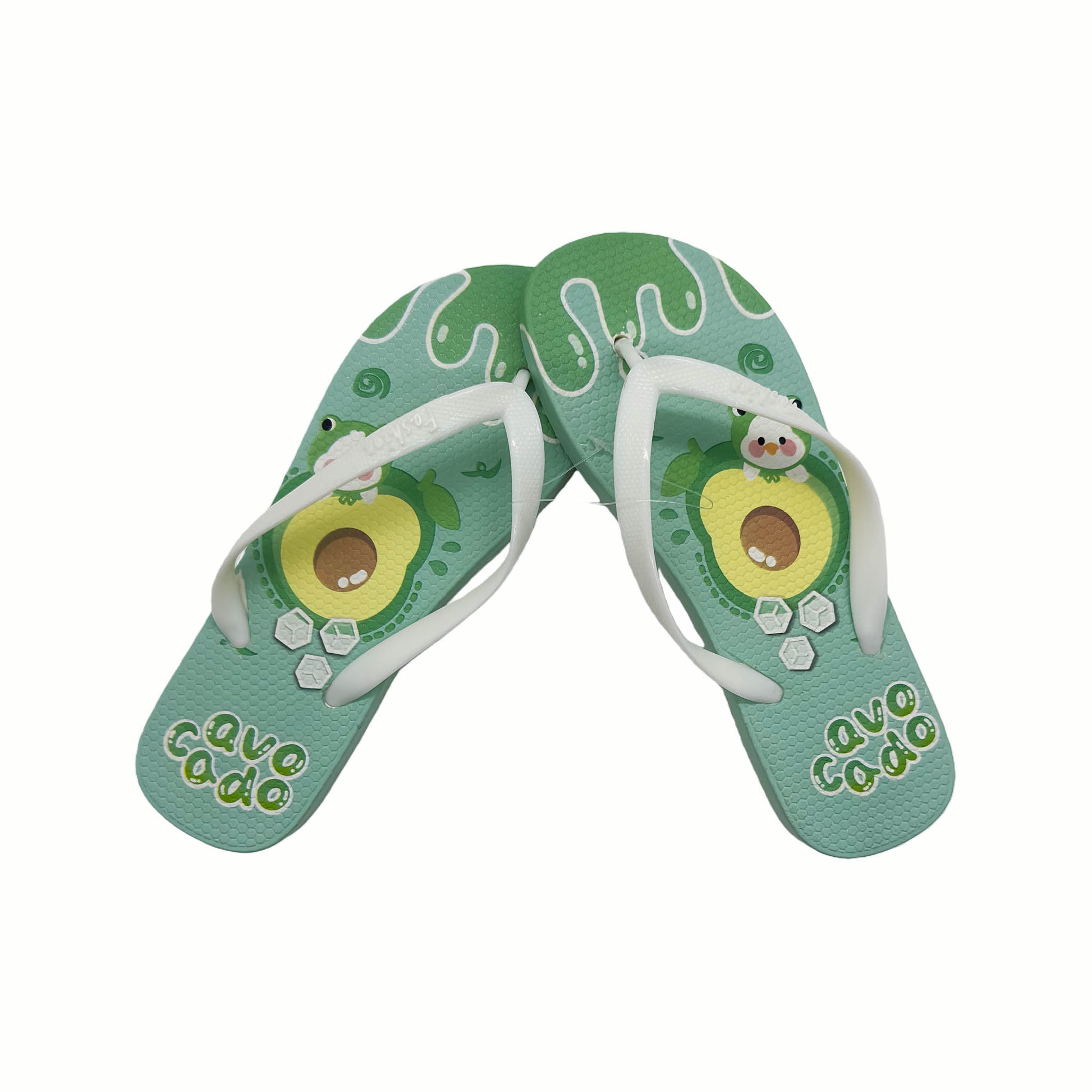 Green ladies flip-flops with avocado pattern and white thong straps