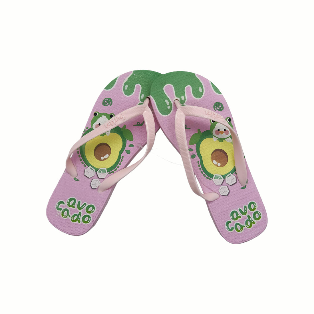 Pink ladies flip-flops with avocado pattern and soft thong strap