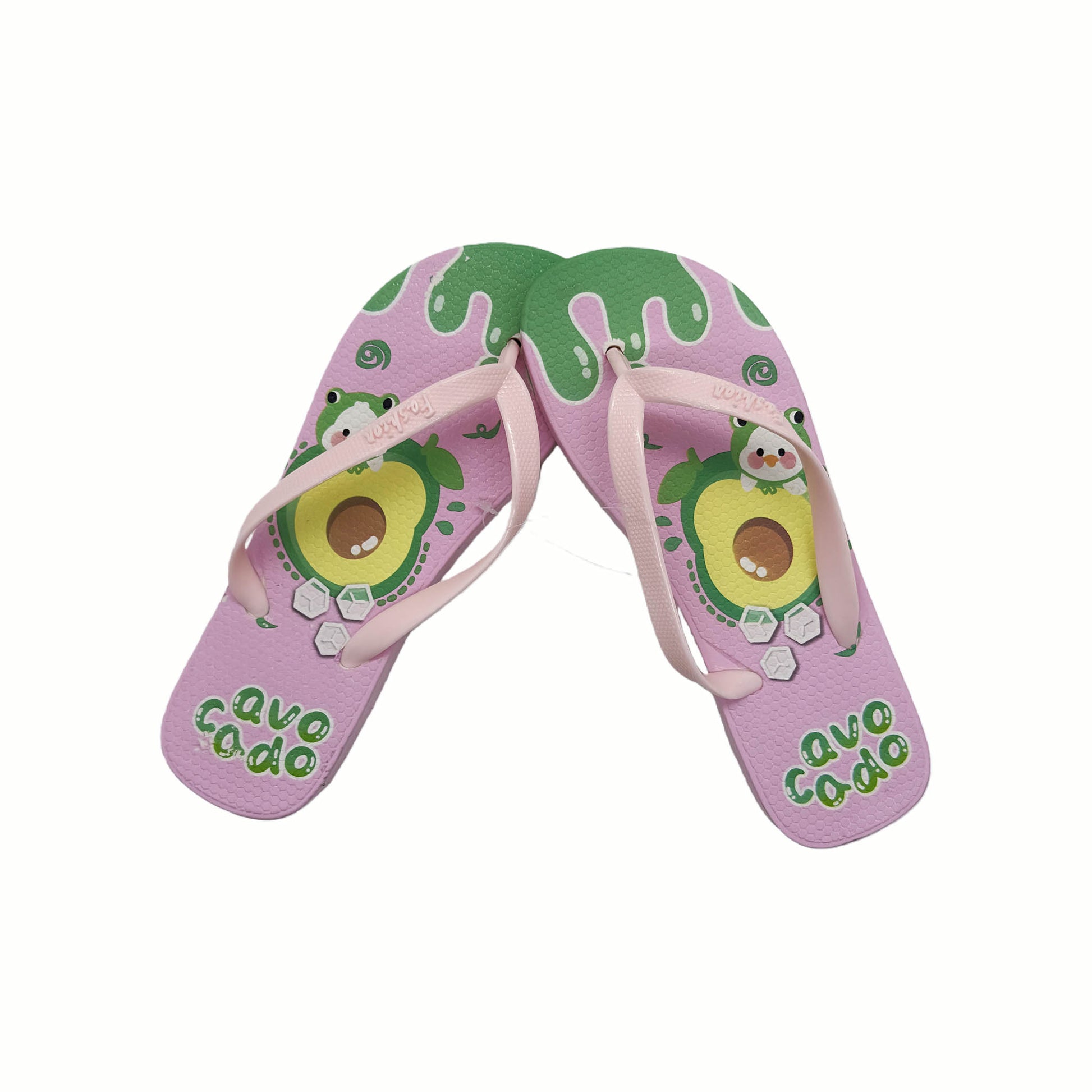 Pink ladies flip-flops with avocado pattern and soft thong strap
