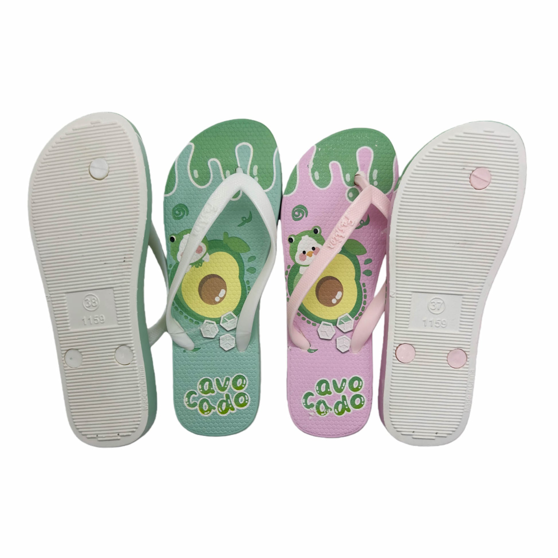 Ladies flip-flops showing white textured outsoles and avocado prints