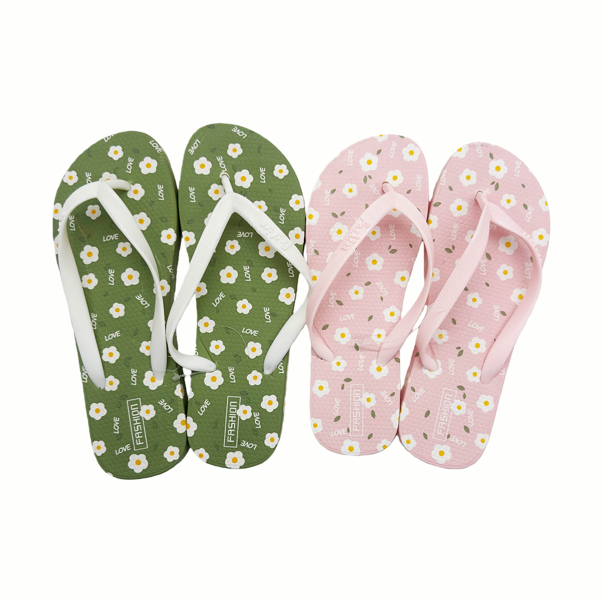 Ladies floral flip-flops pair in green and pink with white thong straps