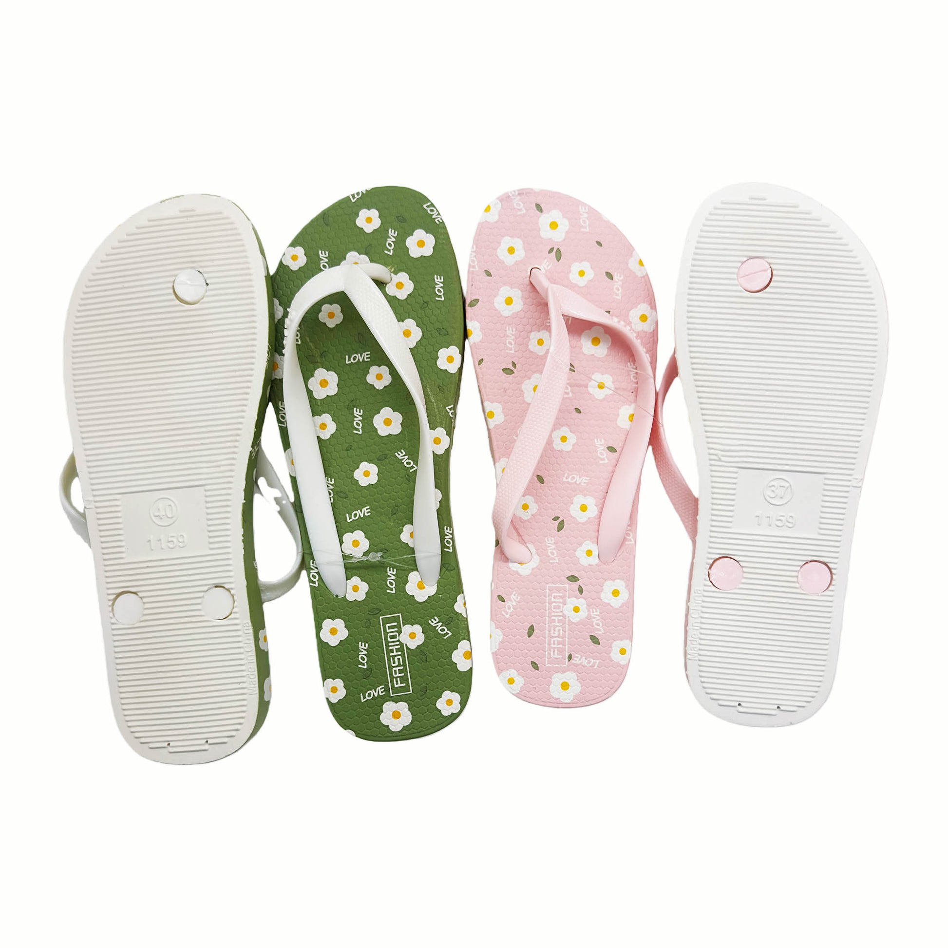 Ladies assorted flip-flops showing green, pink, and white soles with floral prints