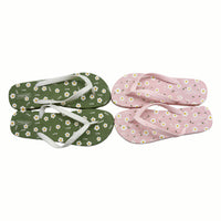 Ladies assorted flip-flops with green and pink floral tops and cushioned soles