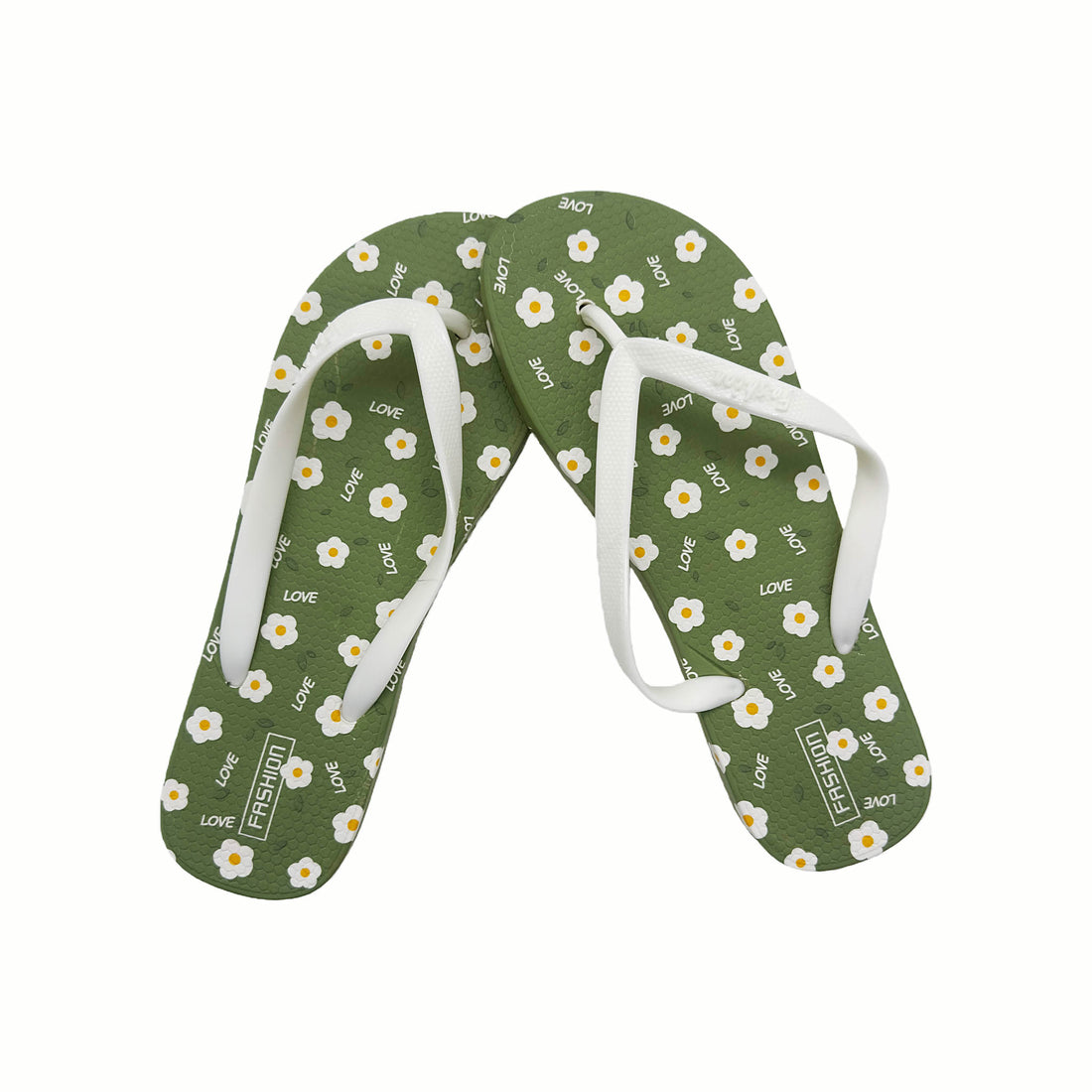 Ladies green floral flip-flops with white thong straps and patterned footbeds