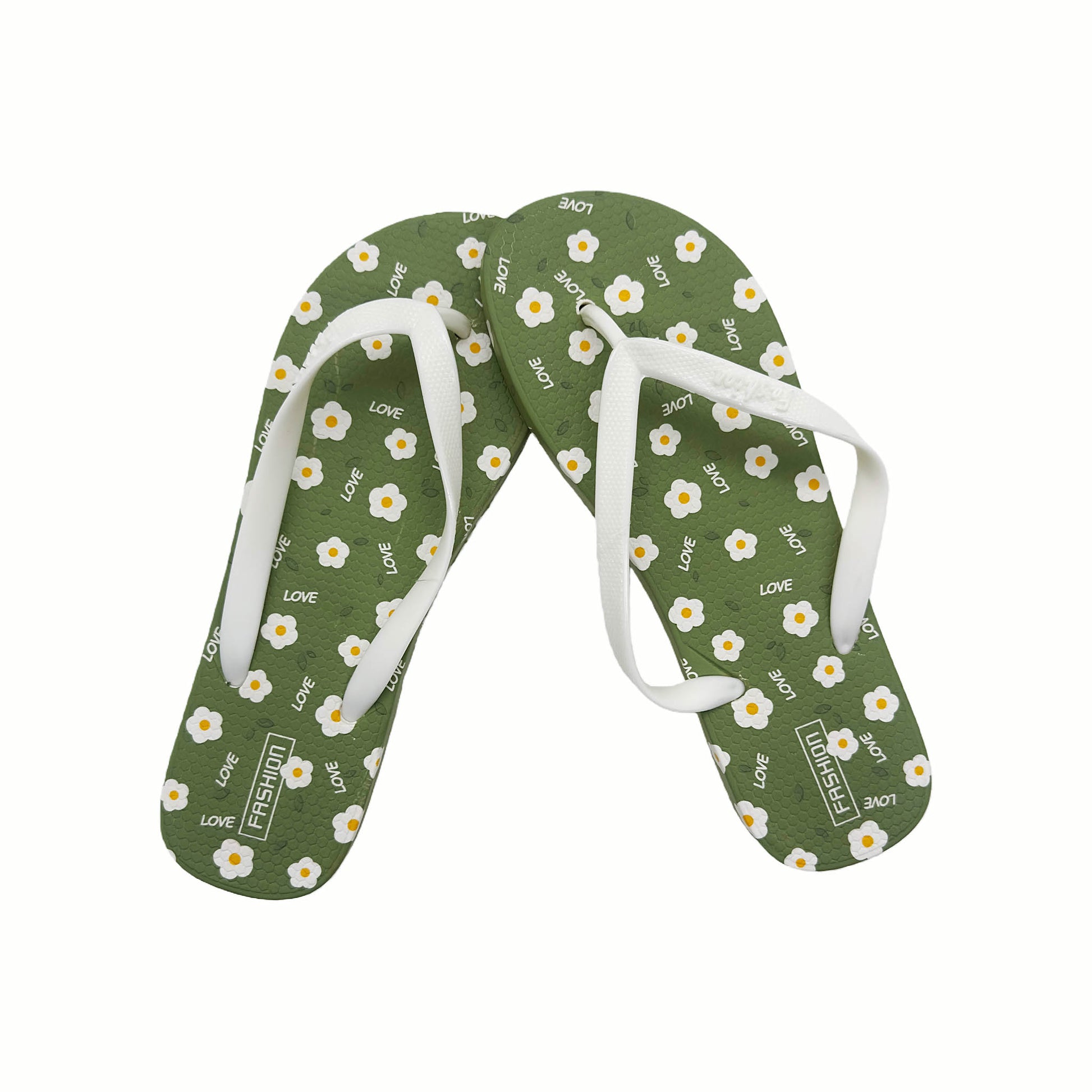 Ladies green floral flip-flops with white thong straps and patterned footbeds