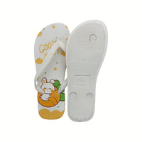 Girls’ flip-flop sandals in white, ribbed outsole view with sleeping bunny print on footbed.