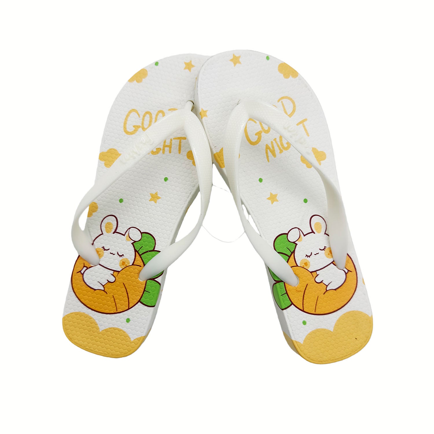 Girls’ flip-flop sandals, white upper with sleeping bunny on an orange blanket and gold text.